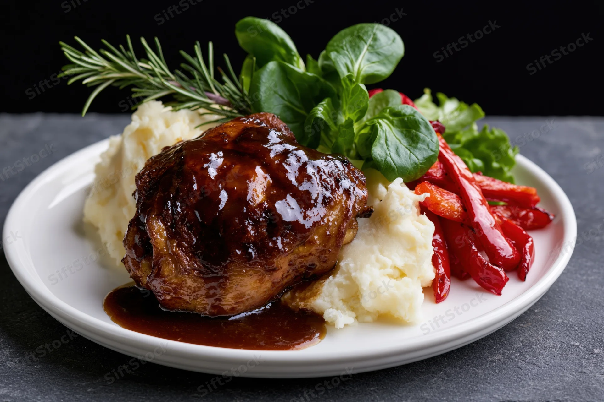 Roasted chicken thigh with gravy and mashed potatoes on a white plate with vegetables and herbs