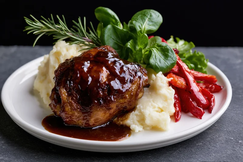 Roasted chicken thigh with gravy and mashed potatoes on a white plate with vegetables and herbs