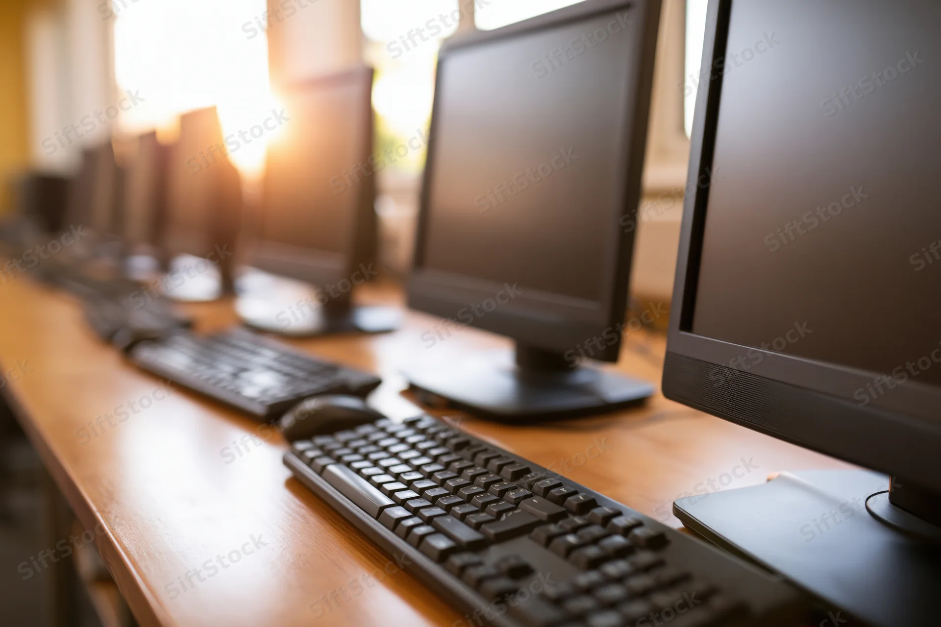 Row of black desktop computer monitors with keyboards arranged on wooden desks in an office setting with sunlight streaming through windows