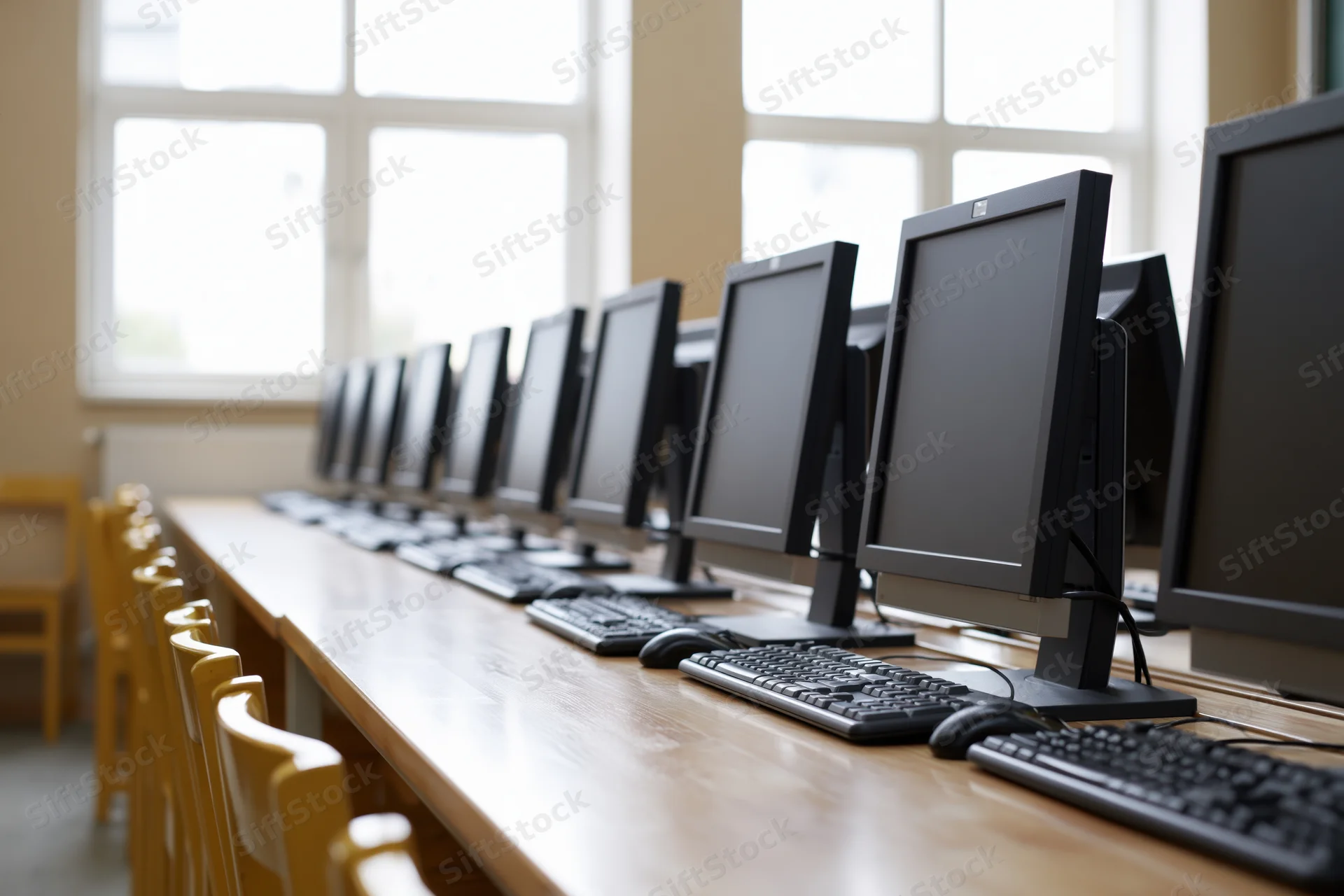 Row of desktop computer monitors with keyboards on wooden desks in a classroom