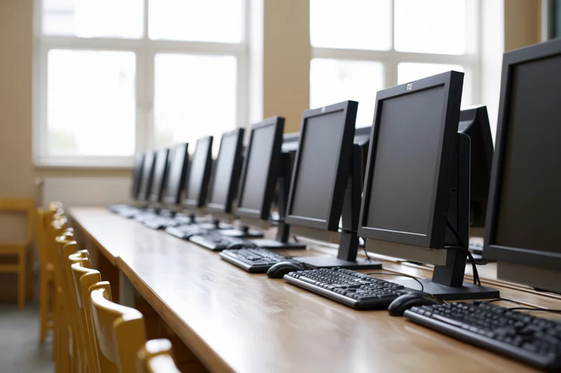 Row of desktop computer monitors with keyboards on wooden desks in a classroom