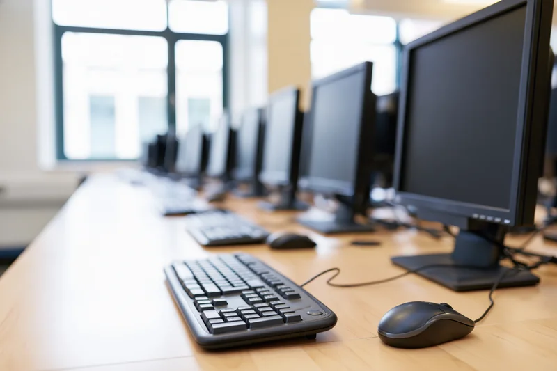 Row of desktop computers with keyboards and mice on a wooden desk in an office workspace