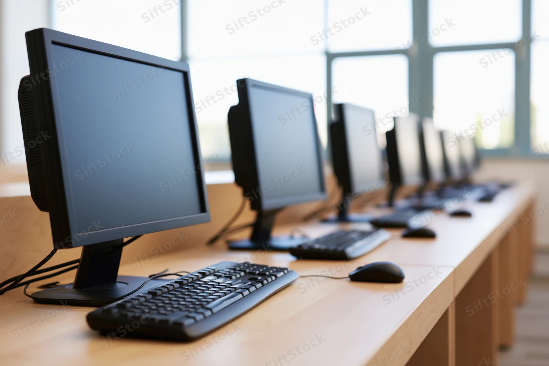 Row of black desktop computer monitors with keyboards and mice on wooden desks in a bright office space
