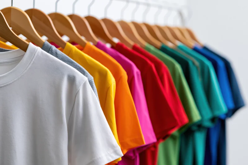 Row of blank cotton t-shirts in various colors hanging on wooden hangers in a retail display