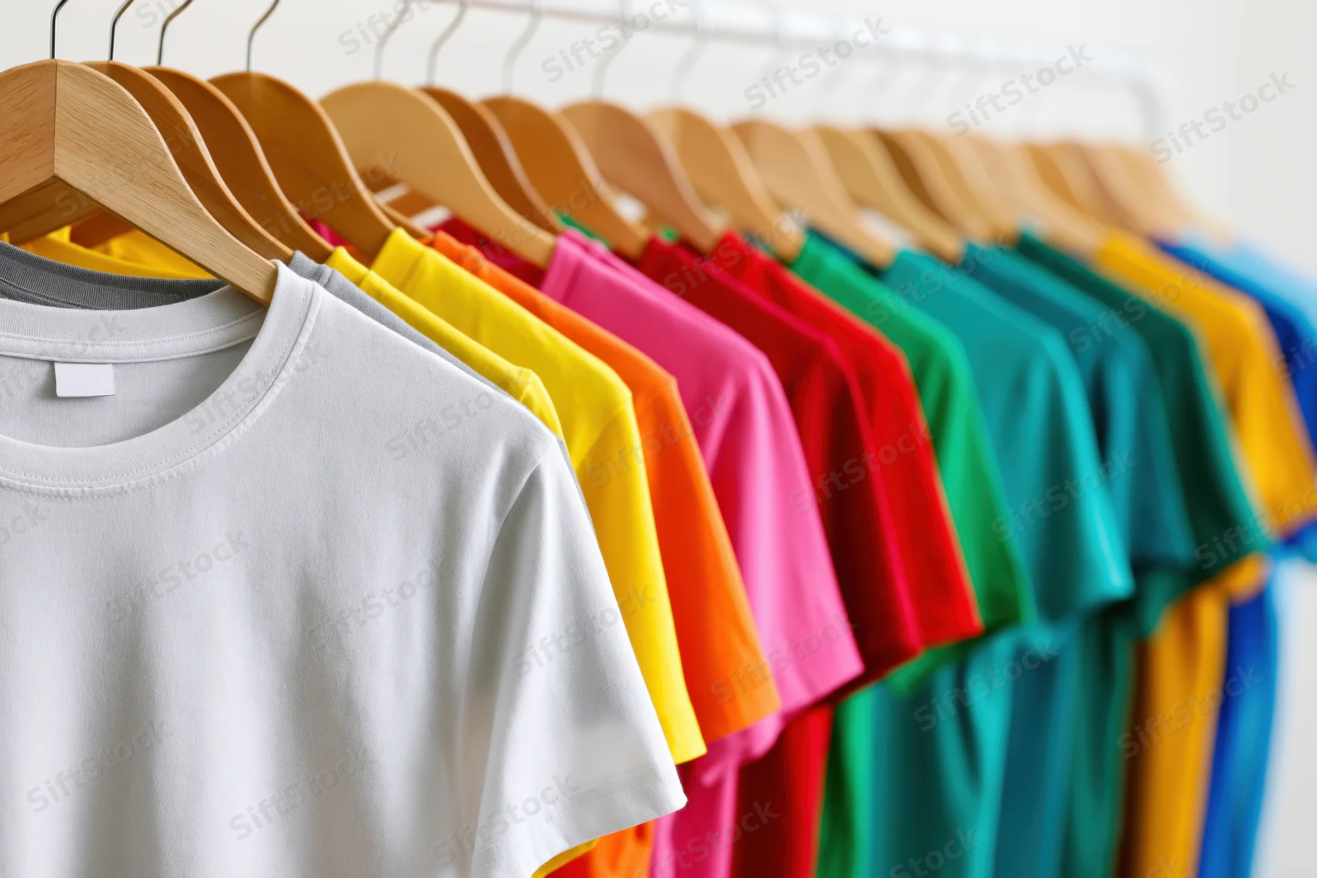 Row of blank cotton t-shirts in various colors hanging on wooden hangers in a retail display