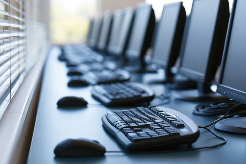 Row of desktop computer workstations on a long office desk with keyboards and mice aligned along the table near a window