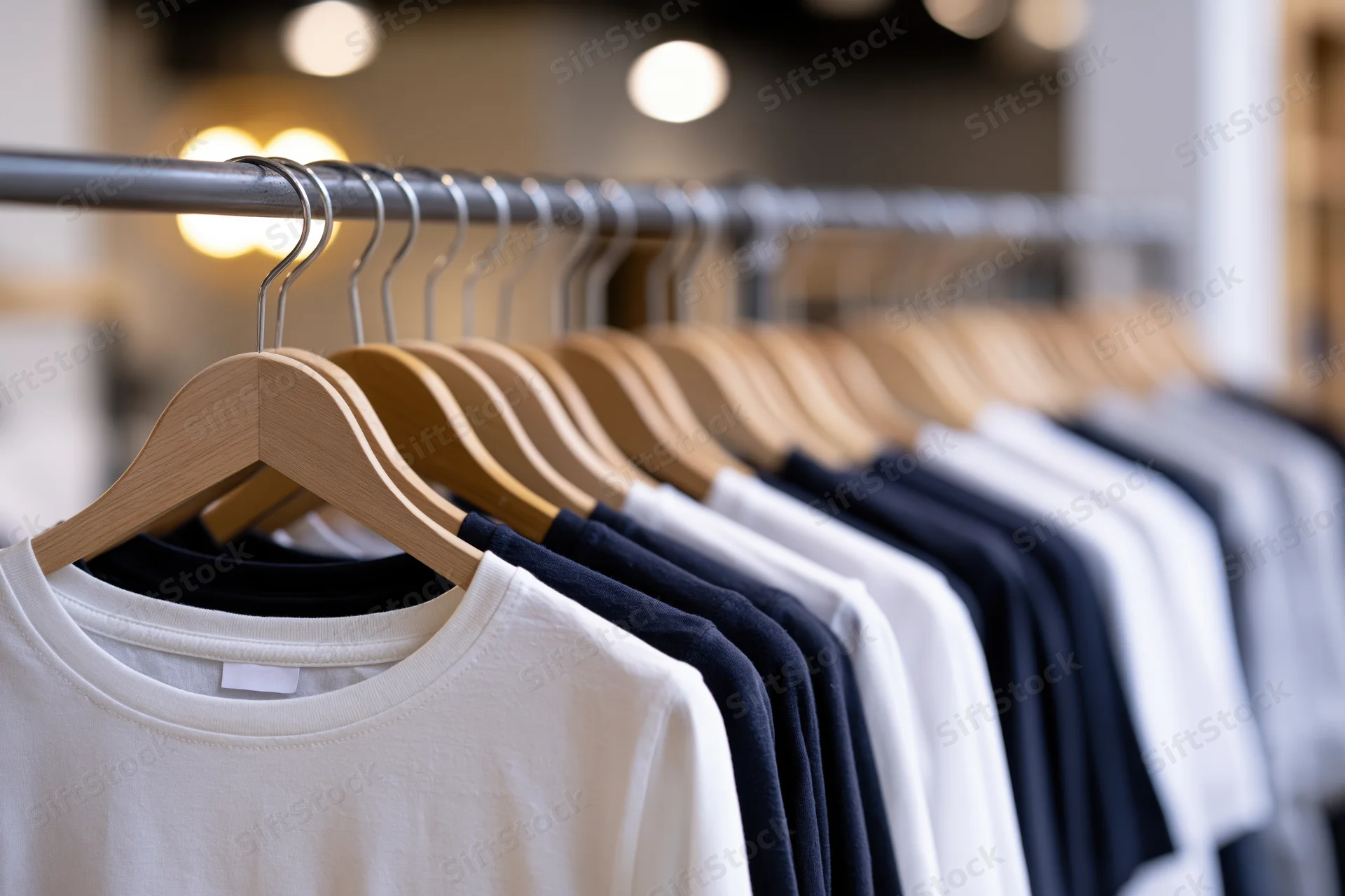 Row of t-shirts on wooden hangers arranged on metal rack in clothing store interior