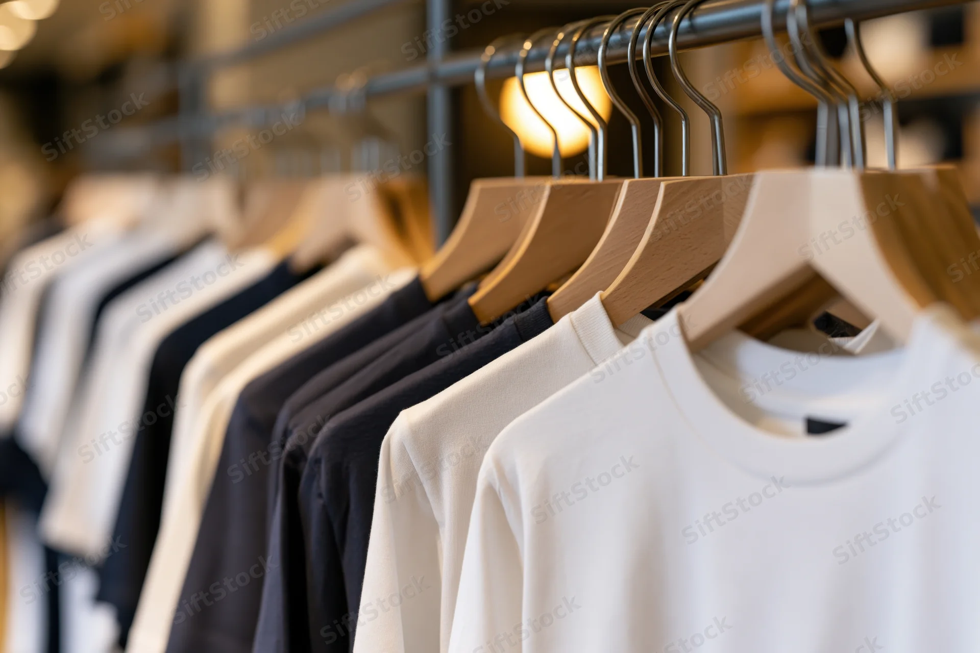 Row of t-shirts in neutral colors hanging on wooden hangers in a modern retail store