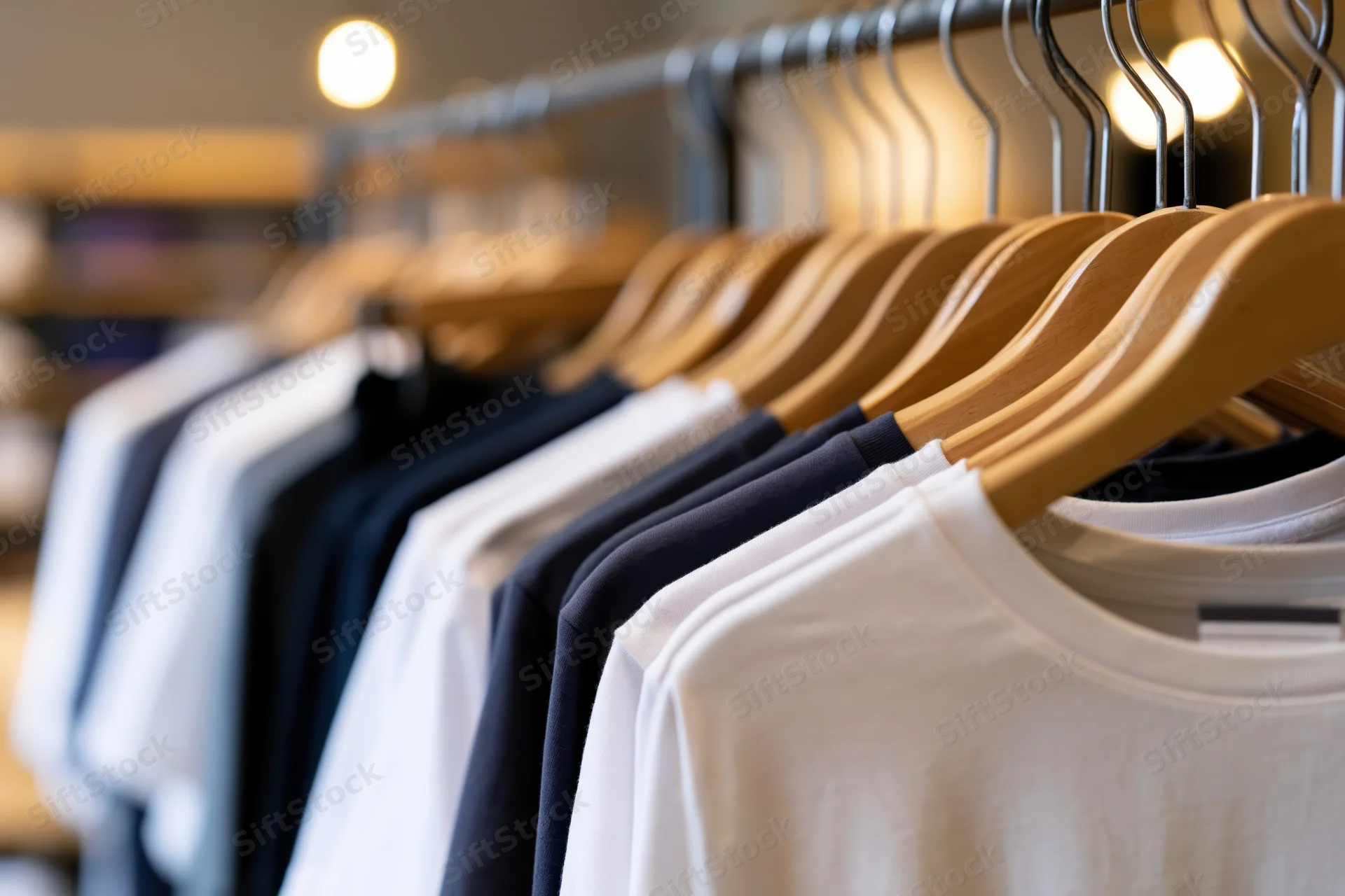 Row of white and black t-shirts on wooden hangers in a modern retail store display