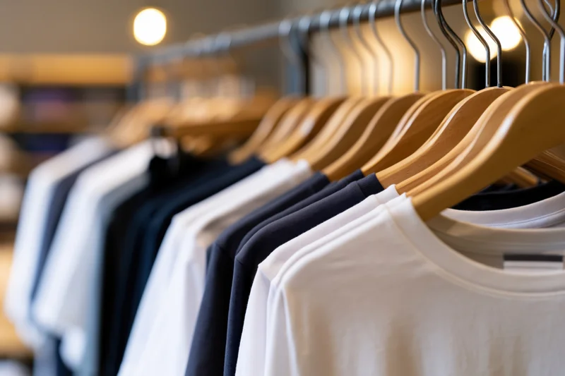 Row of white and black t-shirts on wooden hangers in a modern retail store display