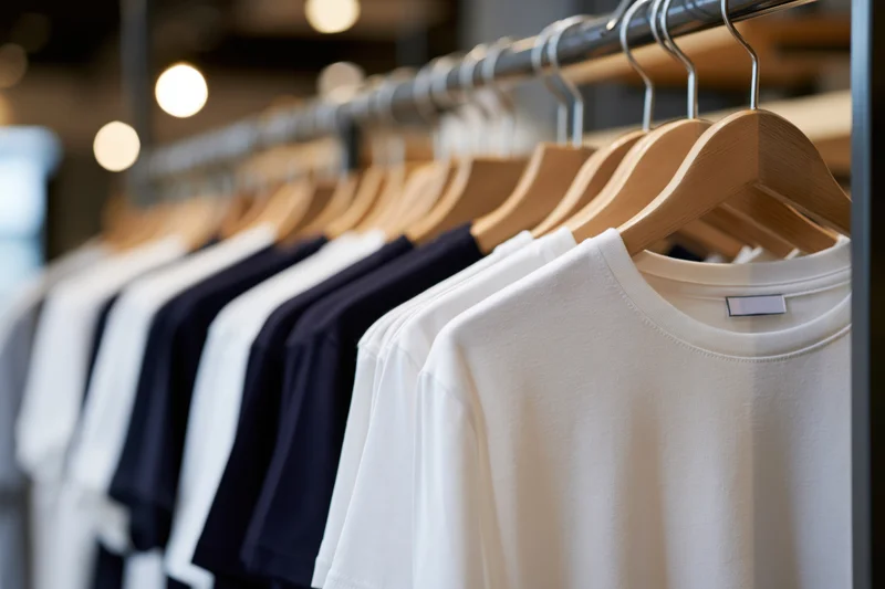 Row of t-shirts on wooden hangers in a retail store display