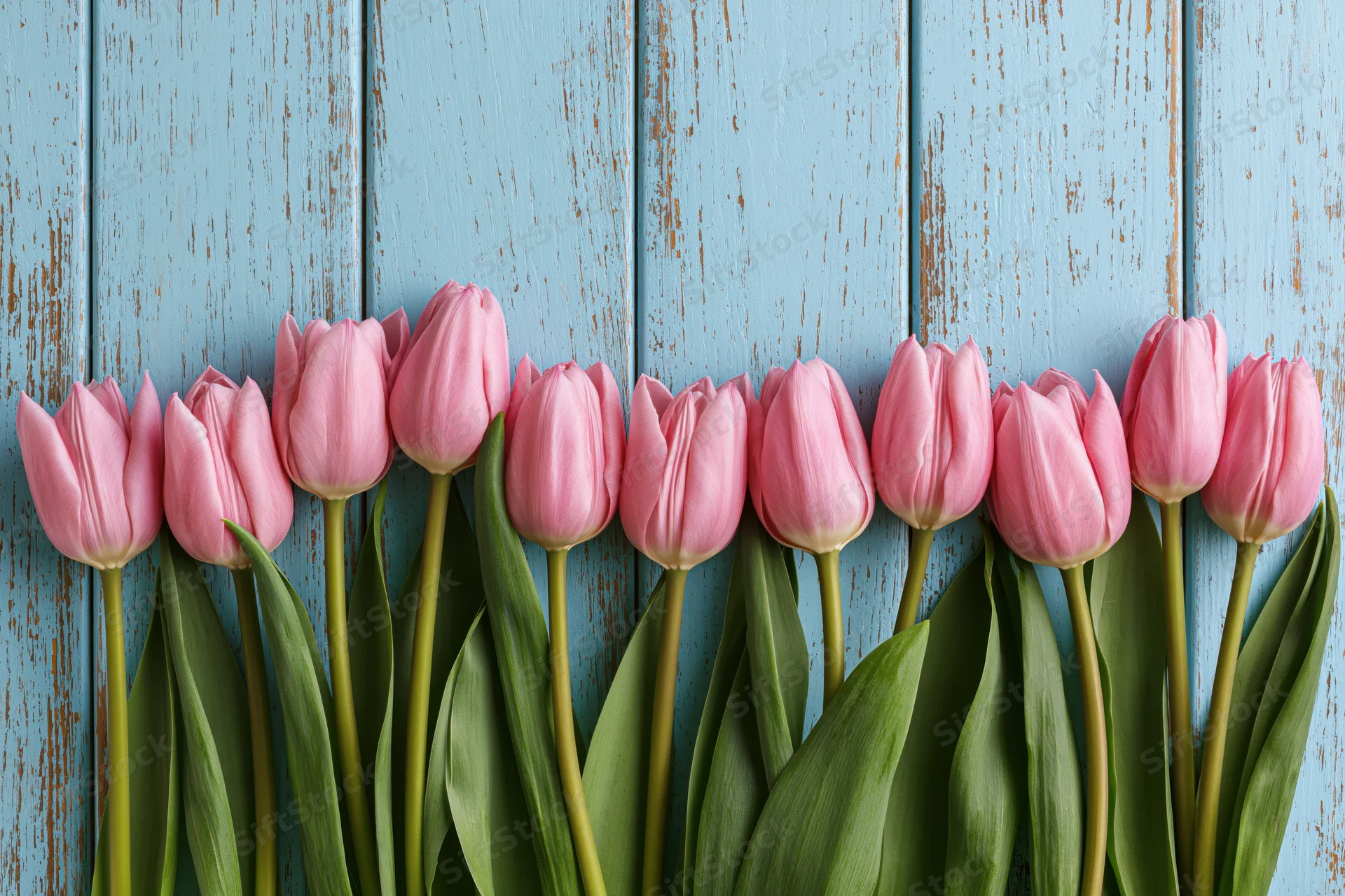 Row of pink tulips with green stems and leaves arranged along a blue weathered wooden plank background