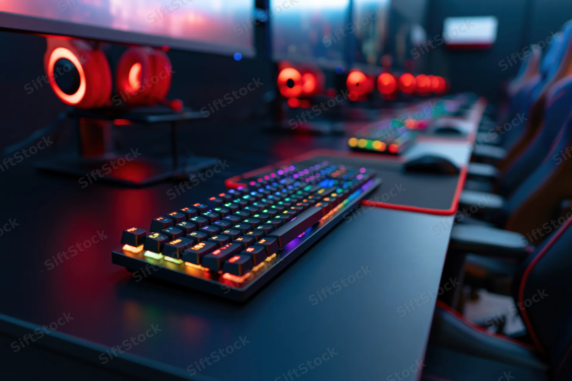 Row of unoccupied gaming pc stations with rgb keyboards and headsets in a dark esports cafe