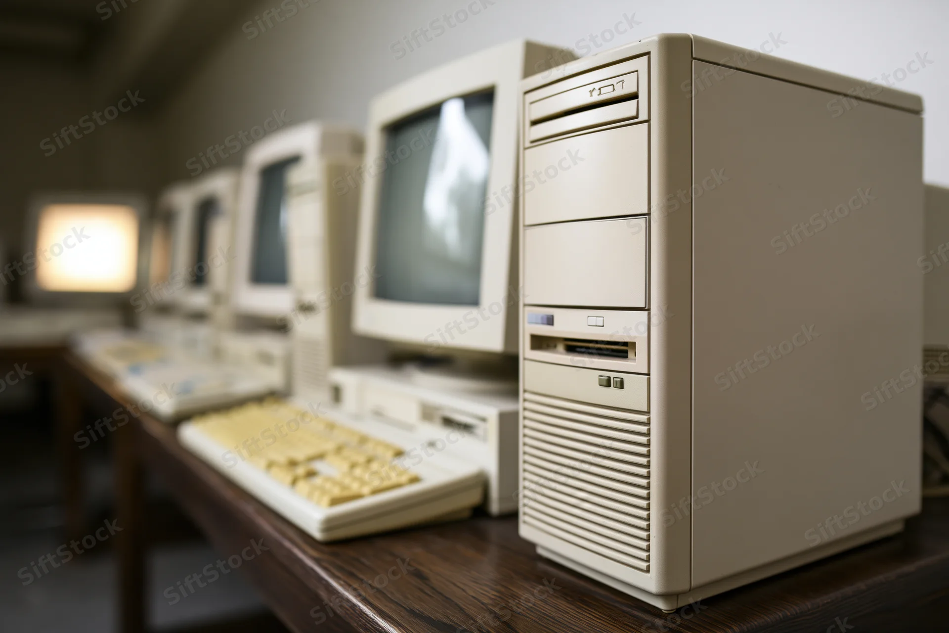 Row of vintage beige desktop computers with tower cases and monitors on wooden tables