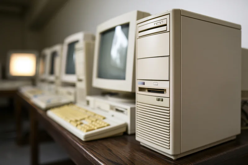 Row of vintage beige desktop computers with tower cases and monitors on wooden tables