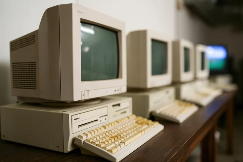 Row of vintage beige desktop computers with crt monitors and keyboards on wooden table