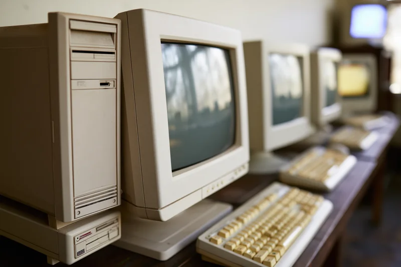 Row of vintage beige desktop computers with crt monitors and keyboards on a wooden table