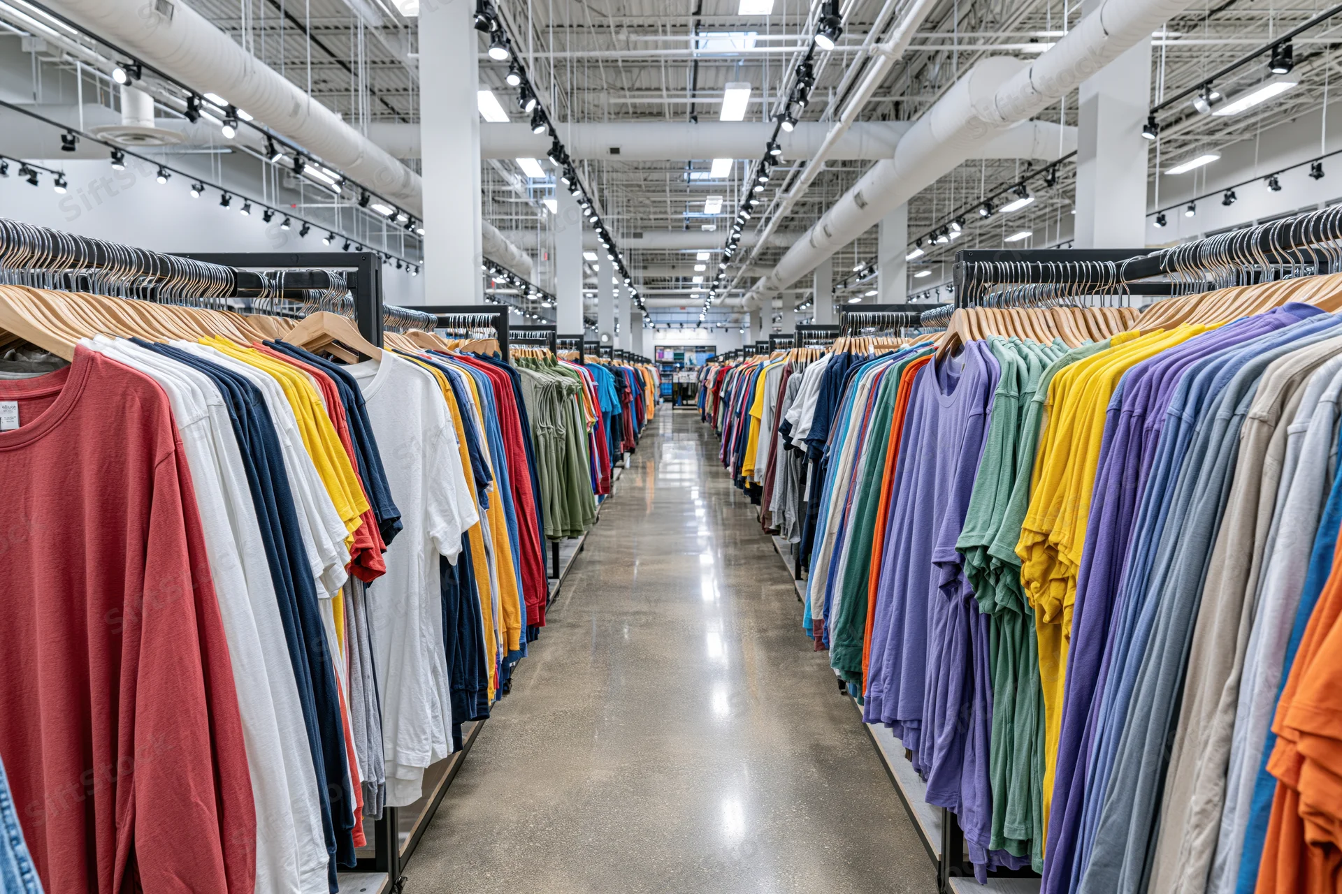 Rows of colorful tshirts and tops hanging on black racks in a retail store aisle