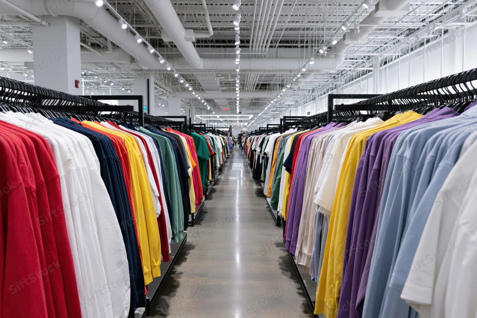 Rows of colorful shirts and tops hanging on black garment racks in a retail store aisle