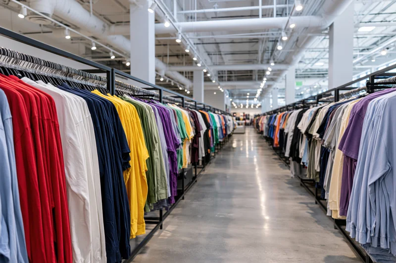Rows of colorful tshirts and tops hanging on black racks in a retail store aisle