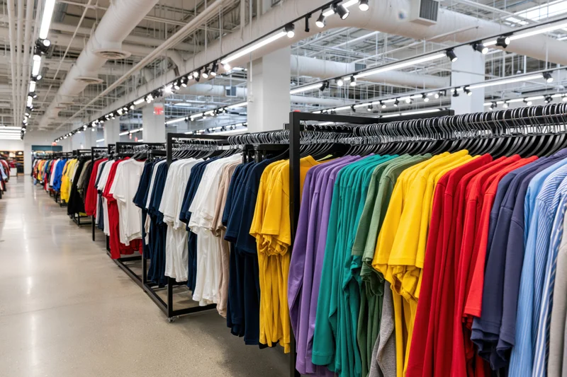 Rows of colorful tshirts and tops hanging on black racks in a retail store interior