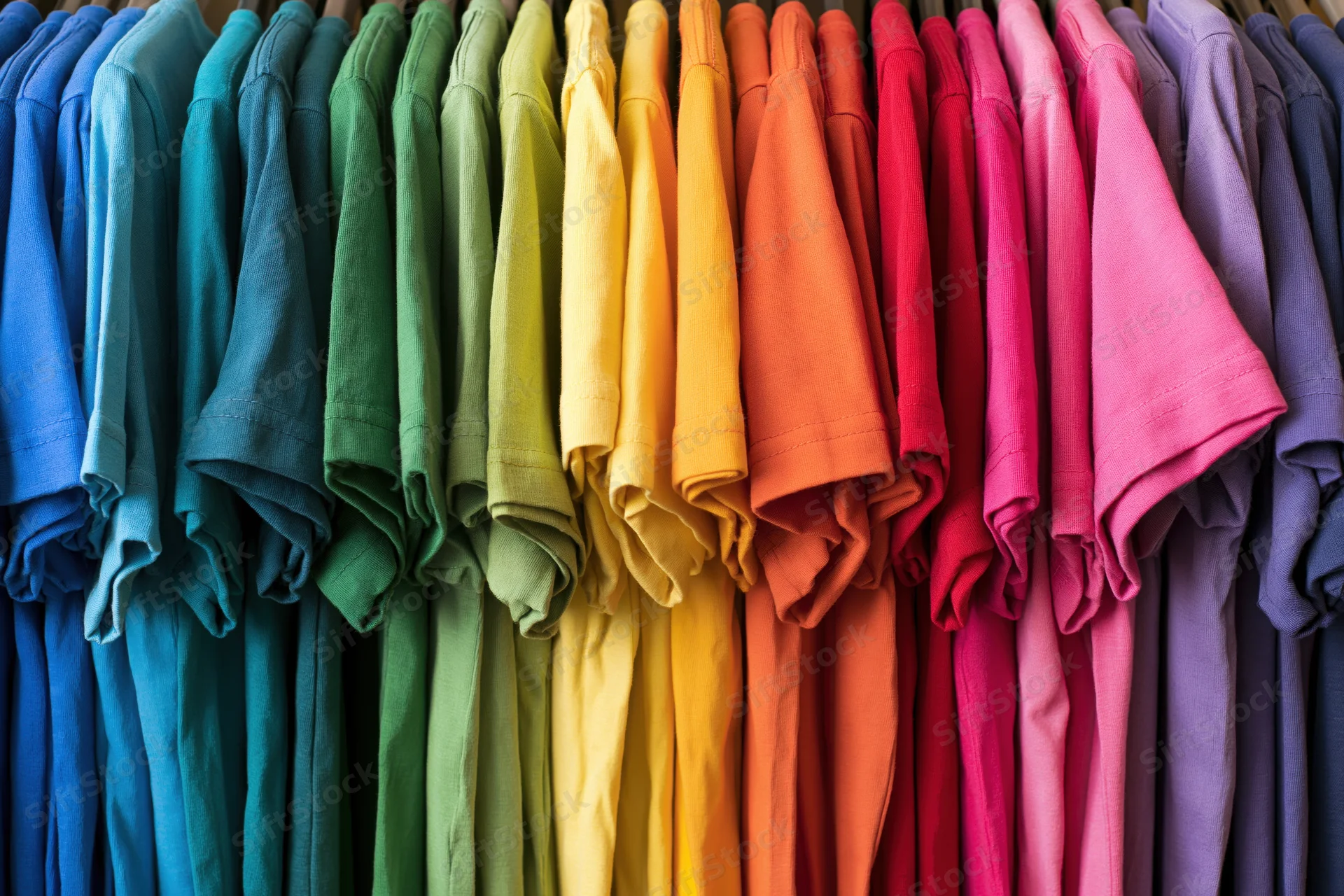 Rows of colorful cotton t-shirts hanging tightly packed on a rack in a retail store display