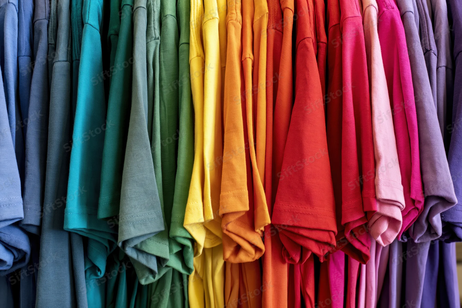 Rows of colorful cotton t-shirts hanging tightly packed on a rack in a retail display