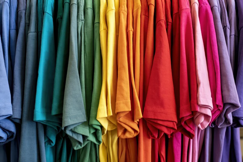 Rows of colorful cotton t-shirts hanging tightly packed on a rack in a retail display