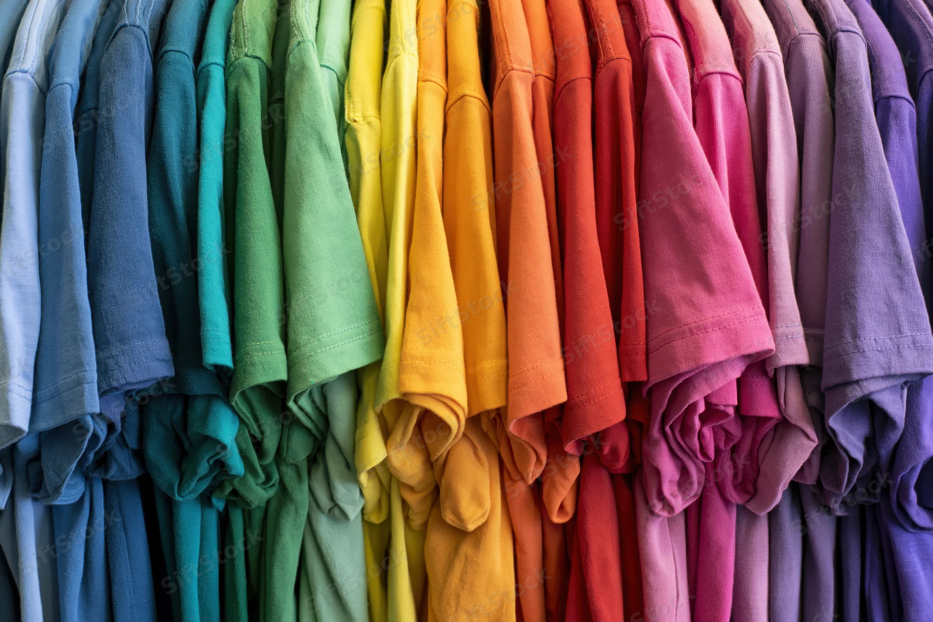 Rows of colorful cotton t-shirts hanging tightly packed on a rack in a retail display