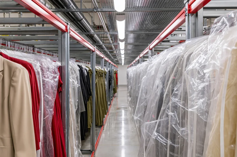 Rows of garments in plastic covers hanging on metal racks in a warehouse aisle