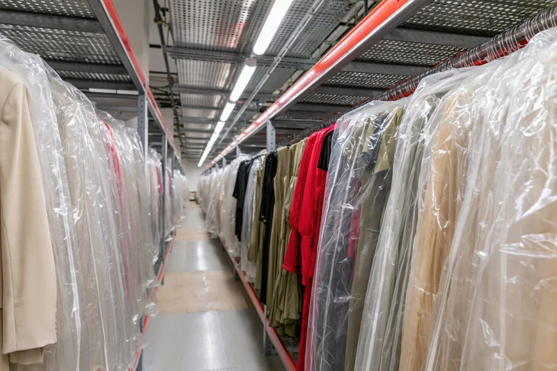 Rows of garments in plastic covers hanging on metal racks in a warehouse aisle