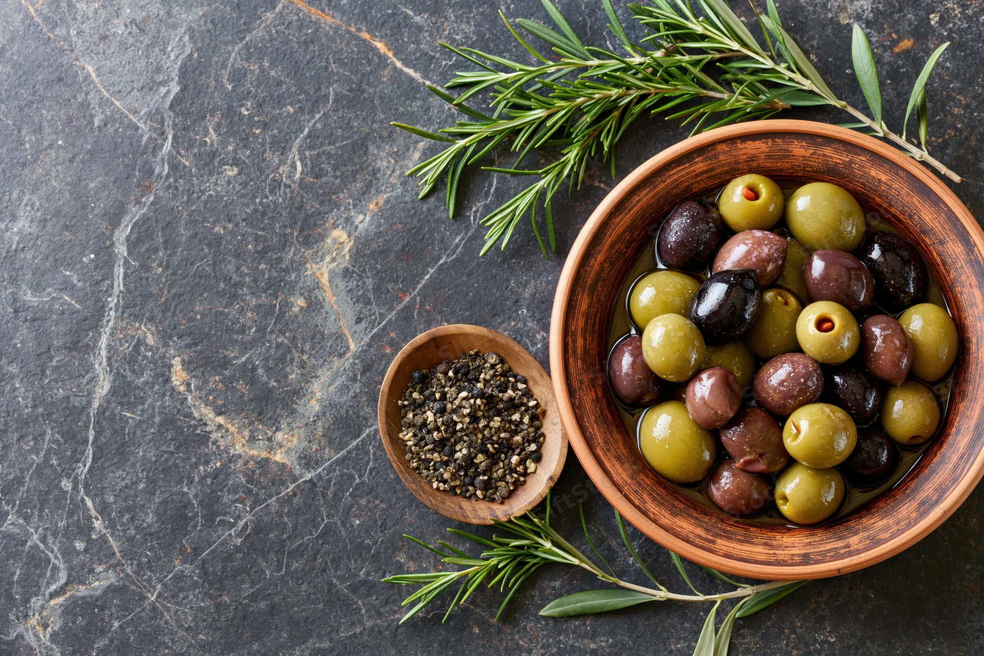 Mixed green and dark olives in a rustic clay bowl with rosemary and pepper on a stone surface