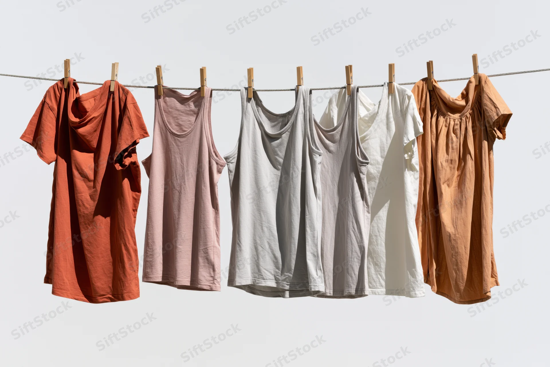 Seven cotton shirts and tank tops hanging on a clothesline with wooden pegs against a bright sky