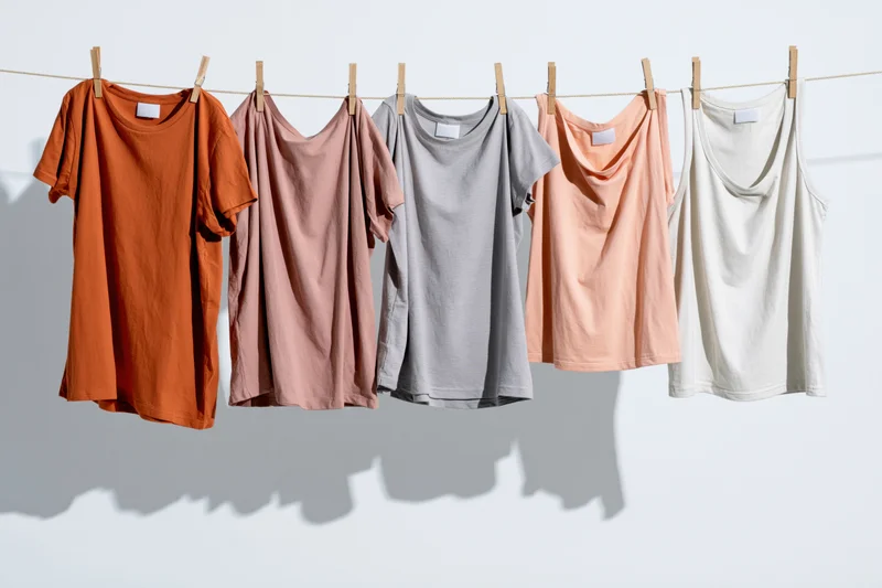 Five casual cotton shirts and tank tops hanging on a clothesline against a white background