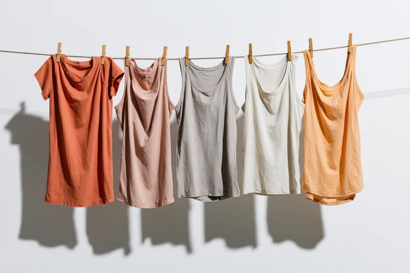 Five cotton tank tops and tshirts hanging on a clothesline with wooden pegs against a white wall