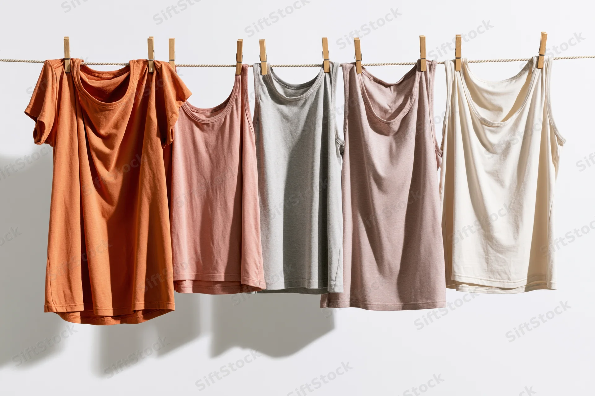 Seven casual cotton shirts and tank tops hanging on a clothesline with wooden pegs against a white background