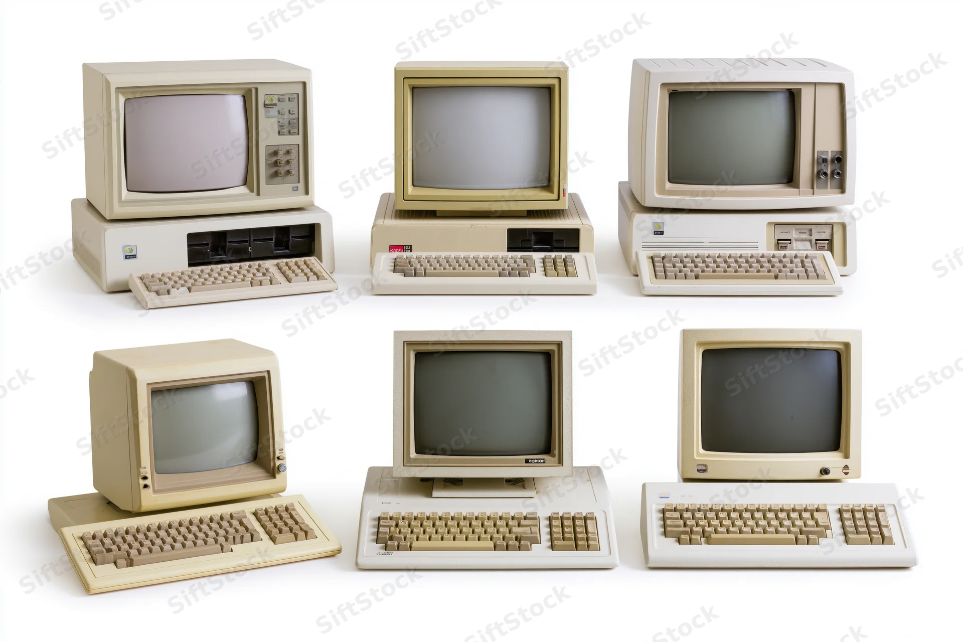 Seven vintage personal computers arranged in two rows on a white background