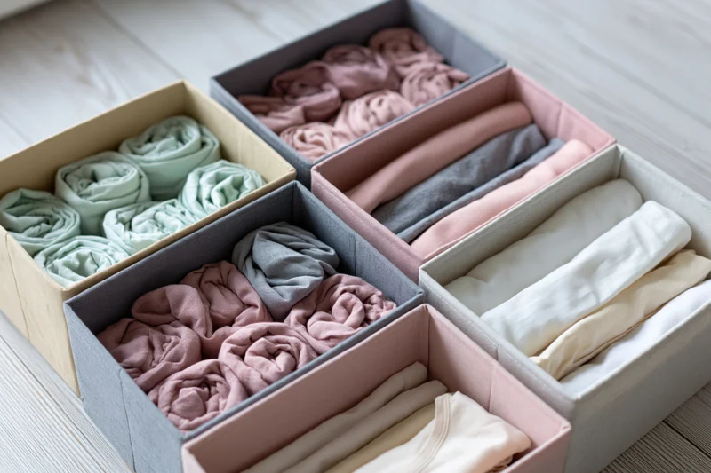 Fabric storage boxes filled with neatly rolled and folded clothing arranged in a drawer