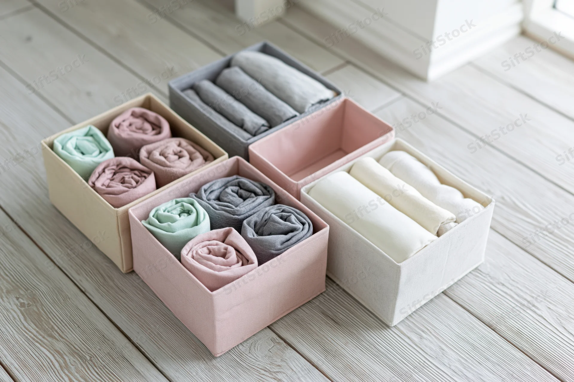 Fabric storage boxes filled with rolled socks arranged on wooden floor