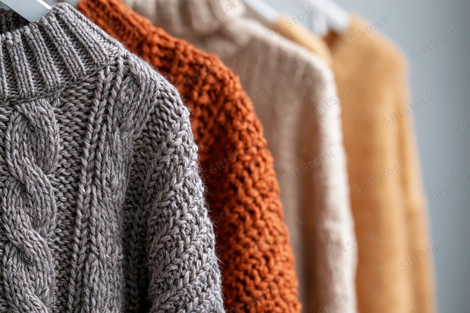 Knit sweaters in earth tones hanging on a rack in a row