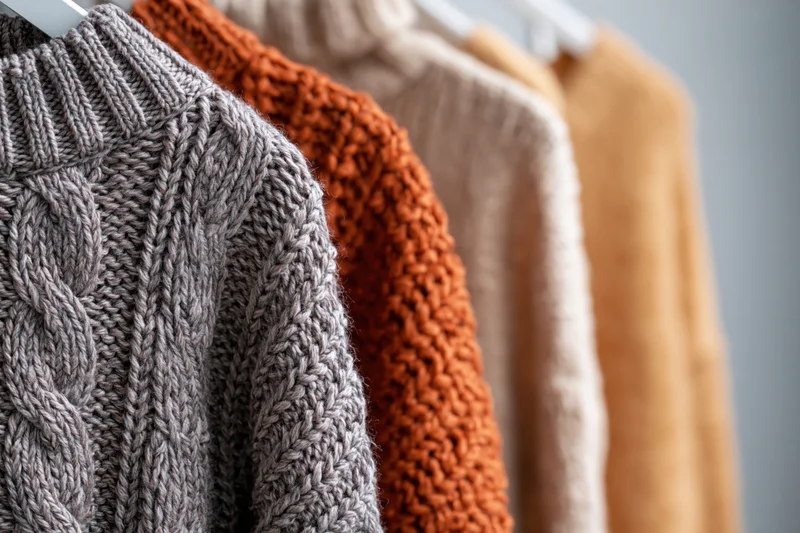 Knit sweaters in earth tones hanging on a rack in a row