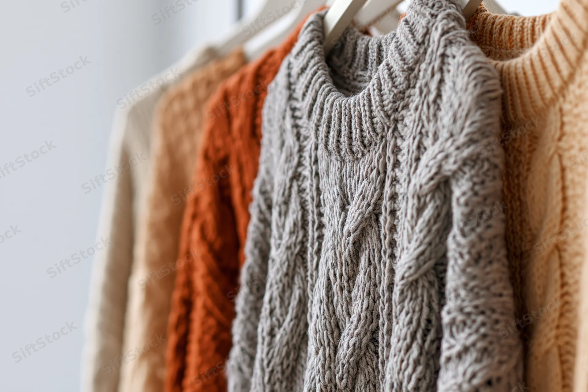 Several knit sweaters with cable and ribbed patterns hanging on a rack in a bright indoor space