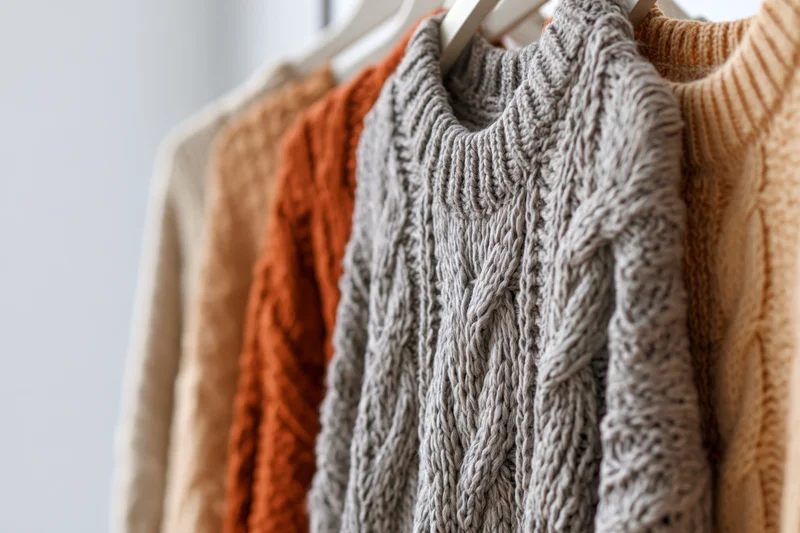 Several knit sweaters with cable and ribbed patterns hanging on a rack in a bright indoor space