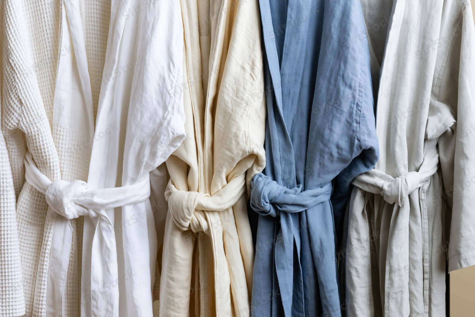 Several linen and cotton bathrobes hanging on a rack in neutral tones