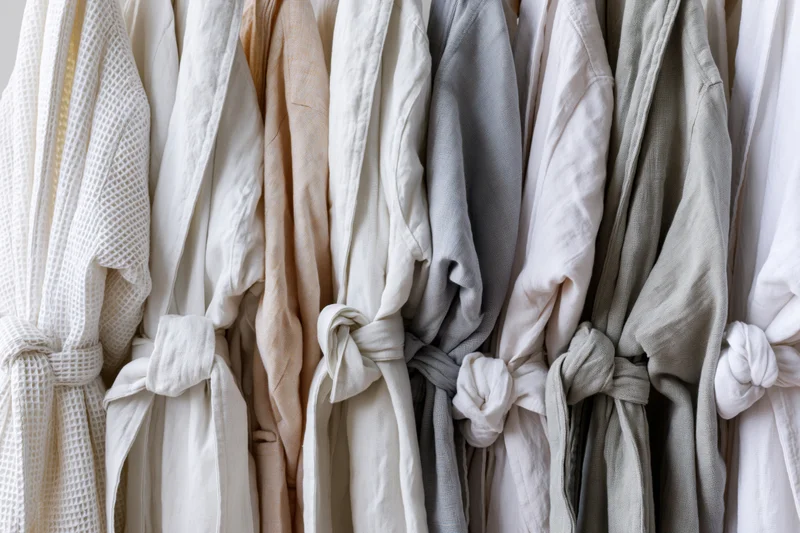 Multiple linen and cotton bathrobes hanging on a rack in neutral tones