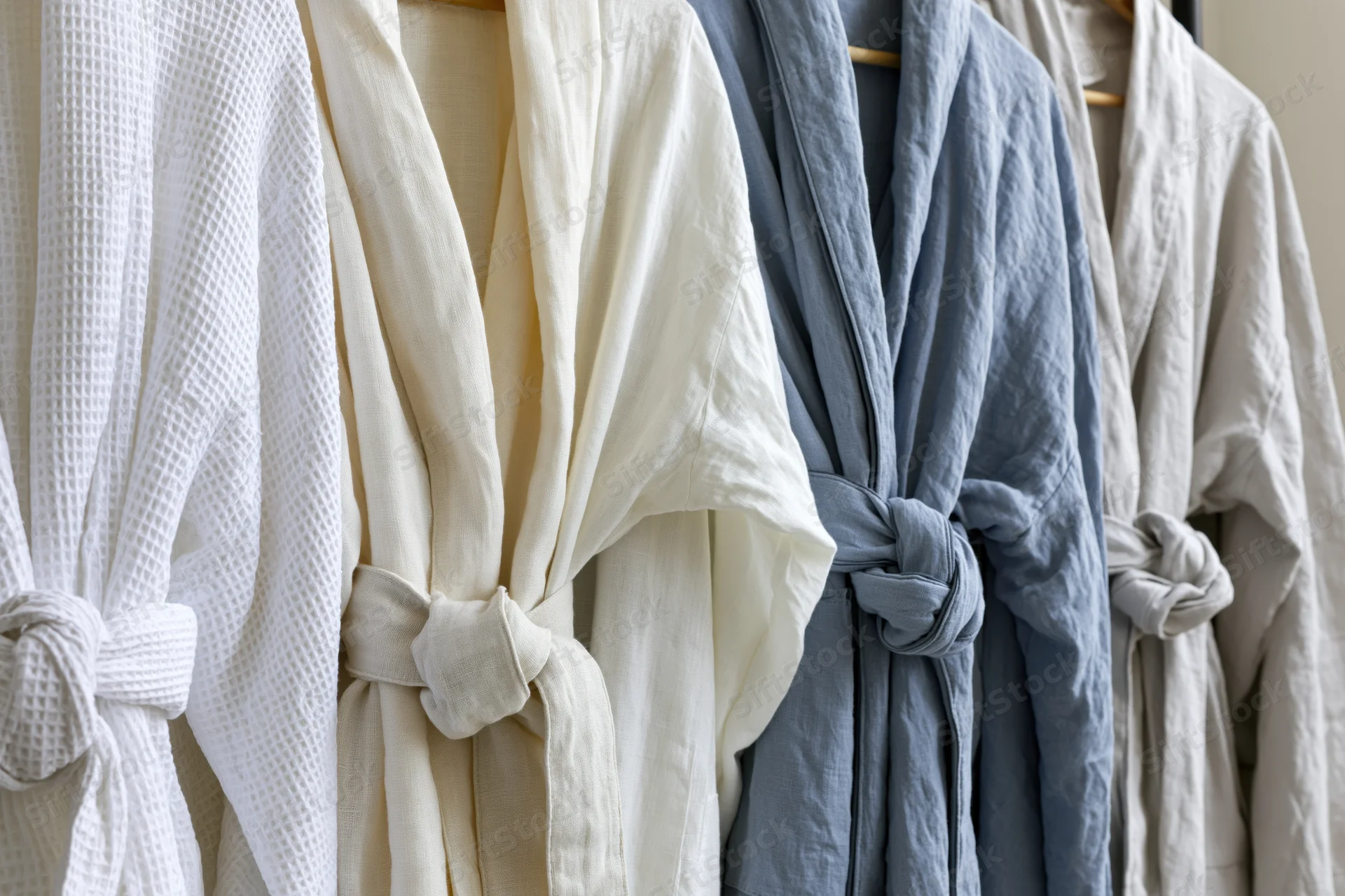 Several bathrobes in neutral colors hanging on a rack with tied belts
