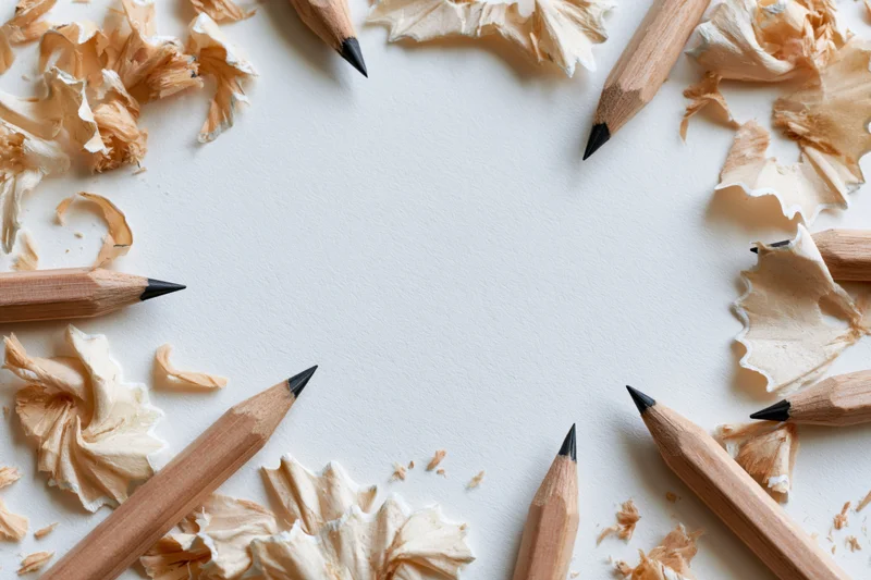 Sharpened graphite pencils and curled wood shavings arranged in a circle on a white surface with central copyspace