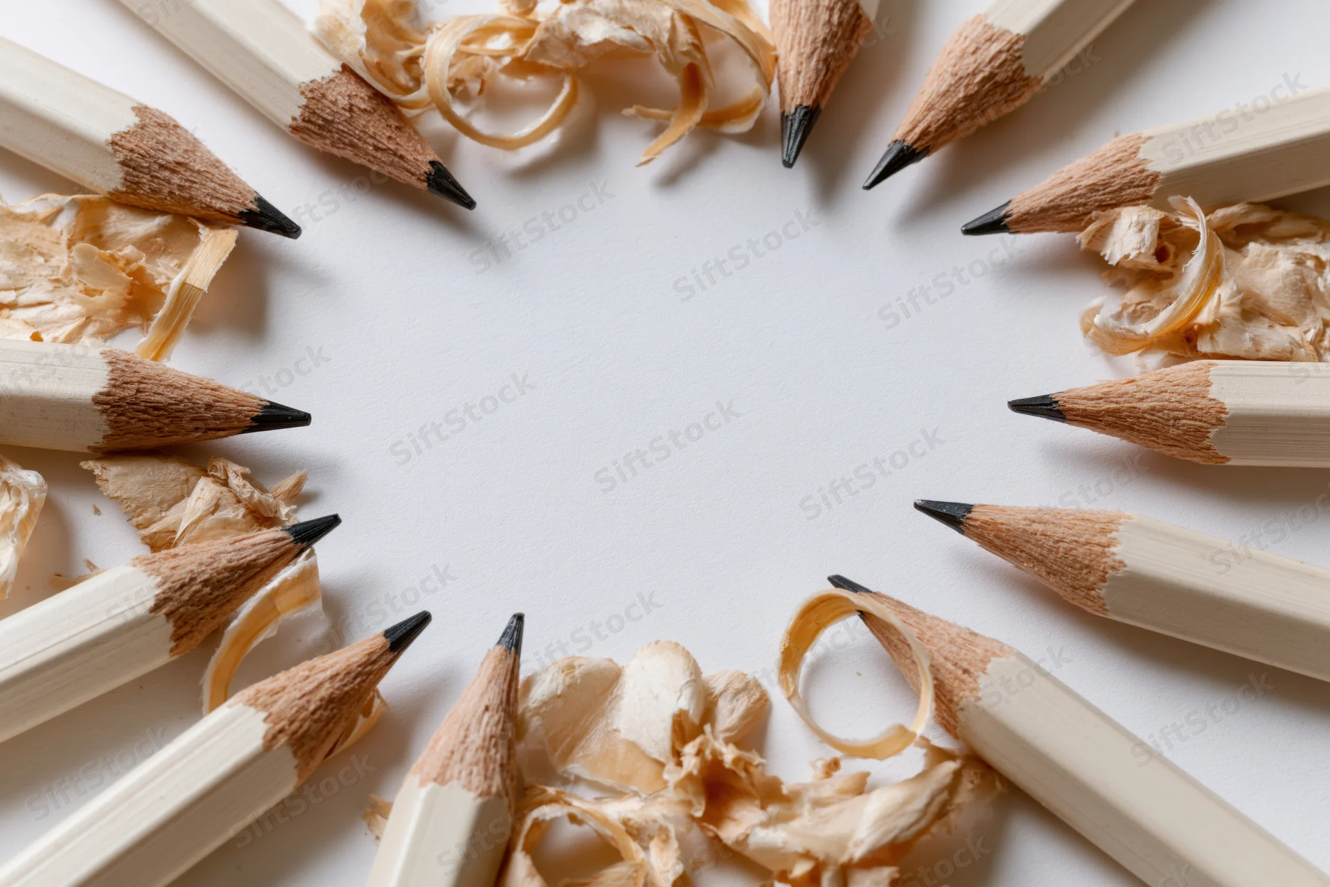 Sharpened graphite pencils arranged in a circle with wood shavings on white surface