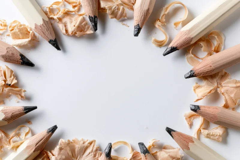 Sharpened graphite pencils and wood shavings arranged in a circular frame on a white surface