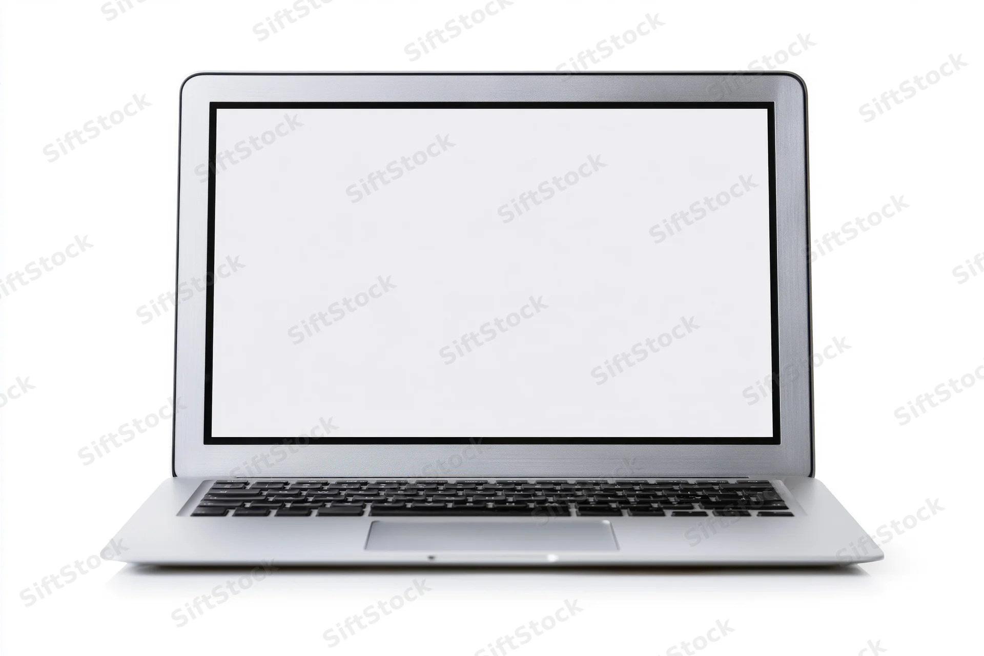 Silver aluminum laptop open facing forward with blank white screen on white background